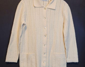 Pull cardigan vintage en tricot câlin des années 1970 crème rétro blanc cassé taille Sm Med