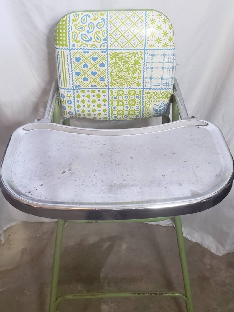 Vintage MCM Metal High Chair Green Retro Design Floral Fold up Etsy