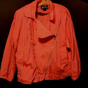 Vintage Andy Johns Windbreaker Neon Orange Large Zip Up Nylon 80s Shoulder Pads