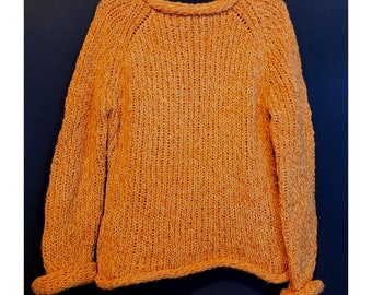 Suéter acrílico vintage estilo Y2K, color naranja brillante, puños y cuello enrollados, talla grande.
