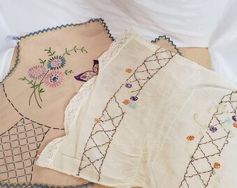 Vintage Hand Embroidered Lot of 2 Fan Shape Pillow Rectangle Case
