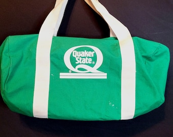 Vintage Duffel Bag Quaker State Green Gym Duffle Tote White Handles 17x9x9 Inch