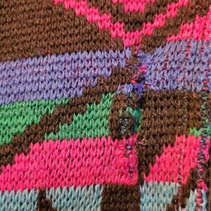 K&ouml;nnte beinhalten: Nahaufnahme eines Strickstoffs mit geometrischem Muster. Das Design zeigt Bl&ouml;cke in Braun, Pink, Blau und Gr&uuml;n. Der Strick hat ein strukturiertes Aussehen mit sichtbaren Maschen und Farbvariationen. Der Stoff scheint ein Abschnitt eines Pullovers oder einer Decke zu sein.