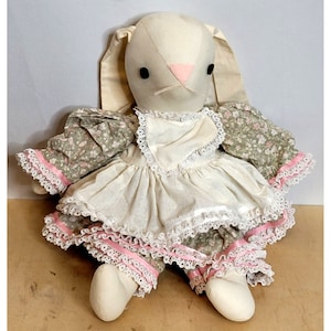 Vintage Rabbit Handmade Plush 1980s Retro Dress Pinafore 16 Inches