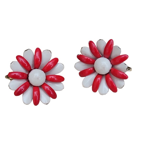 Vintage Daisy Clip Earrings Mod Enamel Flower Red White Pair of 2