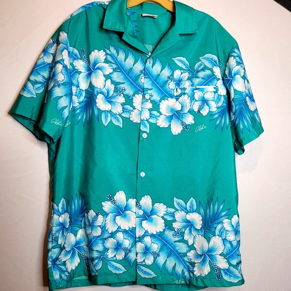 Vintage Hawaiian Shirt Adult Large Polyester Teal… - image 1