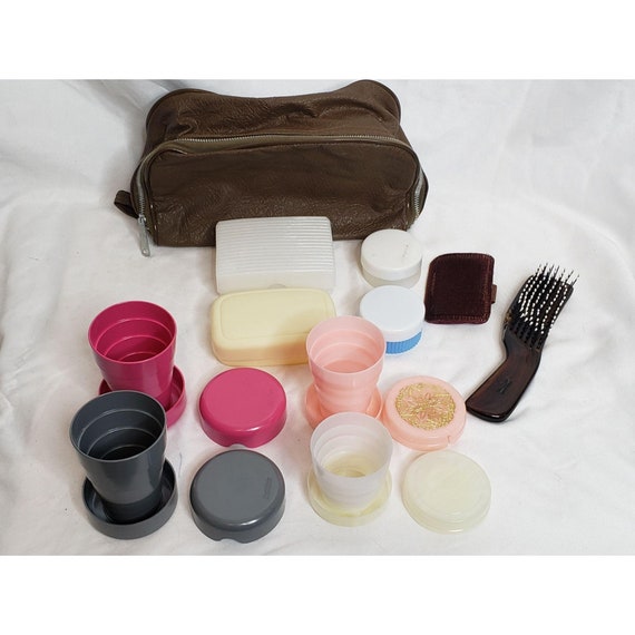 Vintage Travel Kit Faux Leather Collapsible Cups … - image 1