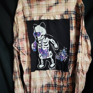 One Of A Kind Custom Handmade Shirt Upcycled Flannel Orange and Blue Plaid Bleached Skeleton Bear Panel Adult Size XLT