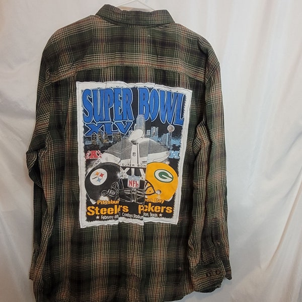 One Of A Kind Custom Handmade Shirt 2011 Super Bowl XLV NFL Upcycle Flannel Shirt Green Plaid Outdoor Life Adult XL