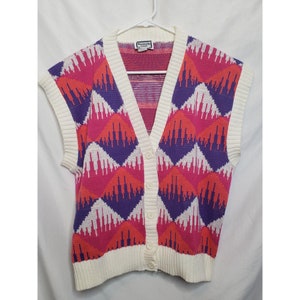 Vintage Pullover Weste Kenneth Too OSFM Acrylic Pink Lila Creme Knopfleiste Geometric Tribal