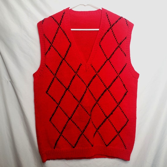 Vintage Sweater Vest Handmade Red Black Diamond A… - image 1