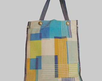 Vintage Shopping Tote Flawed MCM 60s Retro Plaid Abstract Geometric12x10x5 Inch