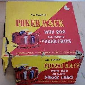 Vintage Poker Chip Revolving Stand Plastic With Chips Red White Blue Brown
