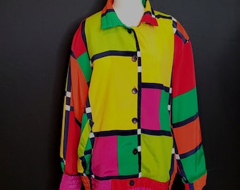 Vintage TanJay Shirt Jacket Color Block Bright Button Up Pockets Shoulder Pads