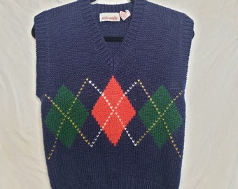 Vintage Sweater Vest Argyle Pullover Vicky Vaughn Junior Size XL Navy Blue