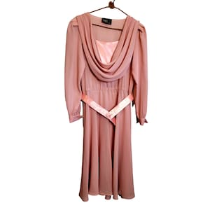Vintage Ursula of Switzerland Sheer Dress Polyester Dusty Rose Pink Draped Cowl