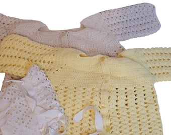 Vintage Hand Knit Baby Sweater Set of 2 Plus White Cotton Bonnet