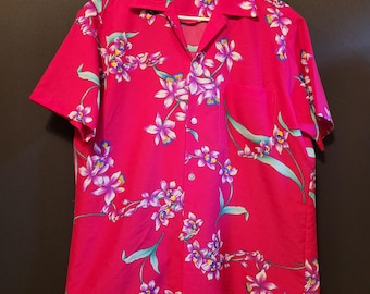 Vintage Hawaiian Shirt Fuschia Pink Floral Kimos Polynesian Shop Short Sleeves L
