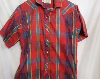 Vintage Western Shirt Womens L Red Blue Plaid Pearl Snaps Ruddock Shirts USA