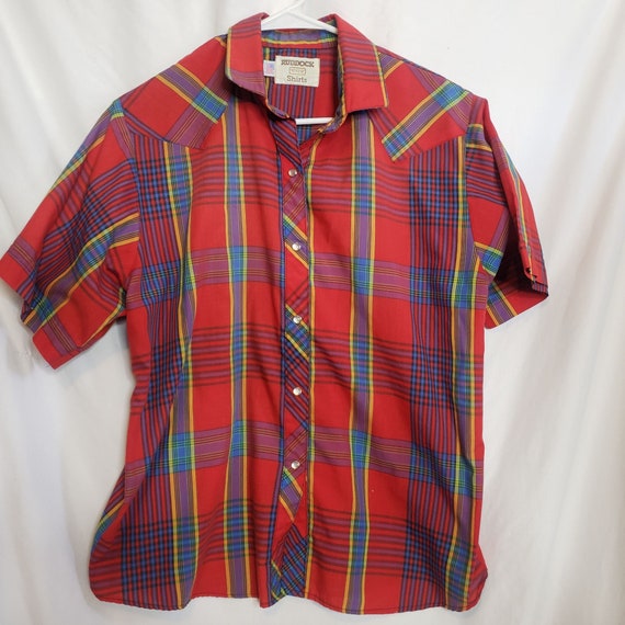 Vintage Western Shirt Womens L Red Blue Plaid Pea… - image 1