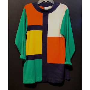 Vintage Color Block Sweater TanJay Bright Tunic Length Long Sleeves Size Med