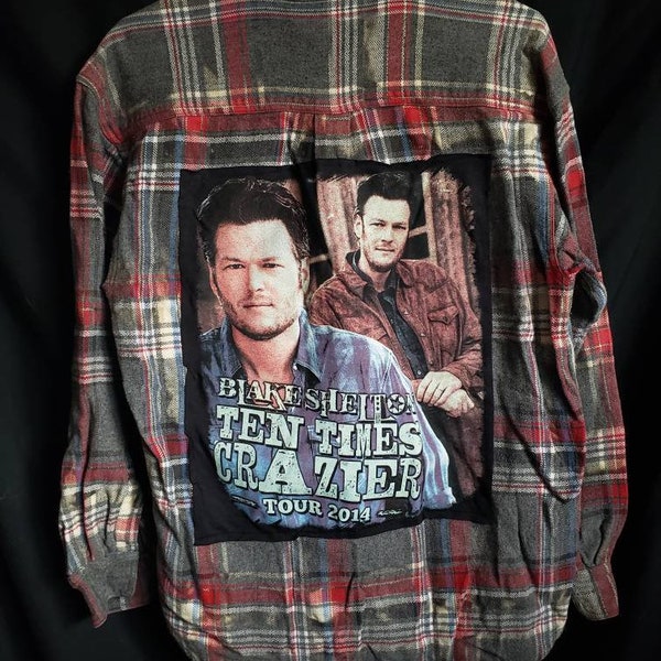 One Of A Kind Custom Handmade Shirt Upcycled Flannel Gray And Red Plaid Blake Shelton Panel Adult Size Large