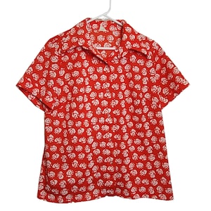 Vintage Blumen Bluse Sears Perma Perst Rot Weiß Polyester Tag Größe 40