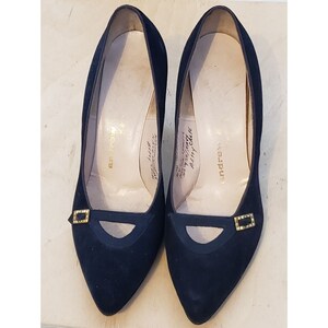 Vintage Pinup Velvet Heels Pumps Andrew Geller Rhinestone Faux Buckle Navy Blue