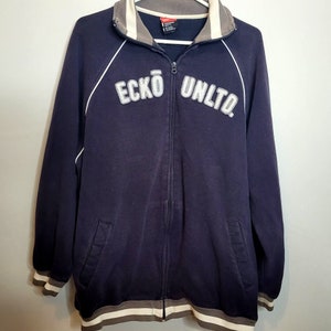90s Y2K Ecko Unltd Zip Up Sweatshirt Navy Blue Spellout Hong Kong Size XXL