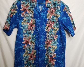 Vintage David Taylor Hawaiian Shirt Blue Floral Size Med USA