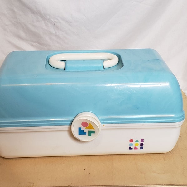 Vintage Caboodles Blue White Tiered Makeup Travel Case Model 5626 With Mirror Sticker LIfting