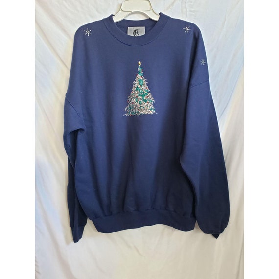Navy Blue Silver Bling Christmas Tree Sweatshirt Woman Size 2X Preowned  Vintage 