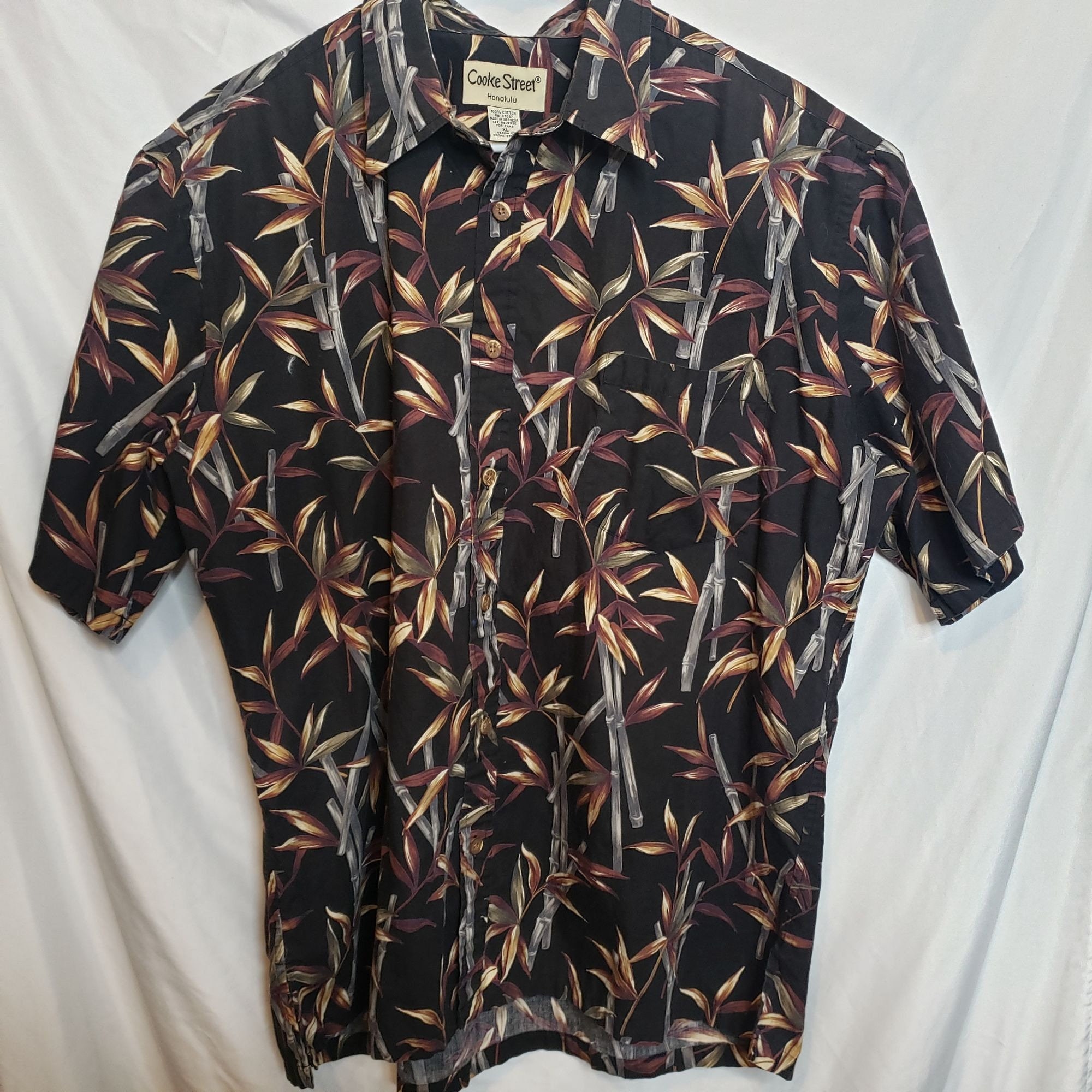 Vintage Cooke Street Honolulu Hawaiian Shirt Button Up Black Bamboo Leaves XL