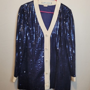 Vintage Sequin Formal Jacket Blue White Trim Bling Buttons Anne Crimmins