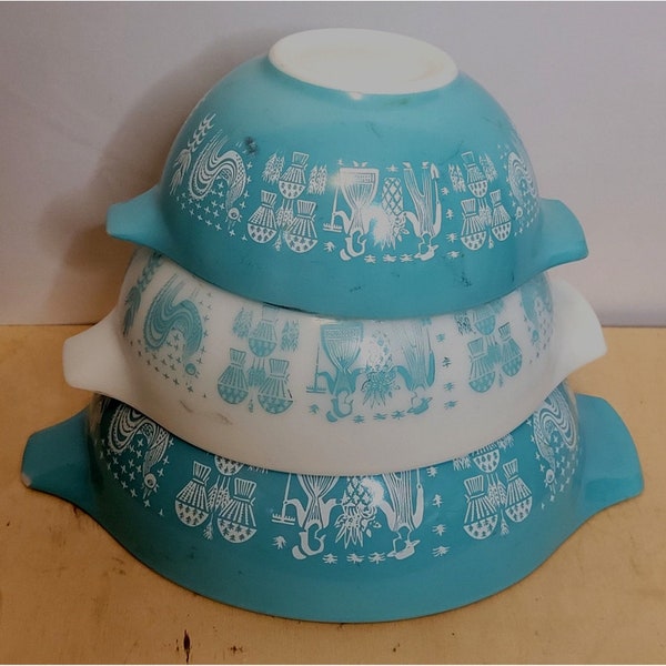 vintage Pyrex Butterprint 442 443 444 Ensemble de 3 Cendrillon Mixing Bowl Flaws Blue