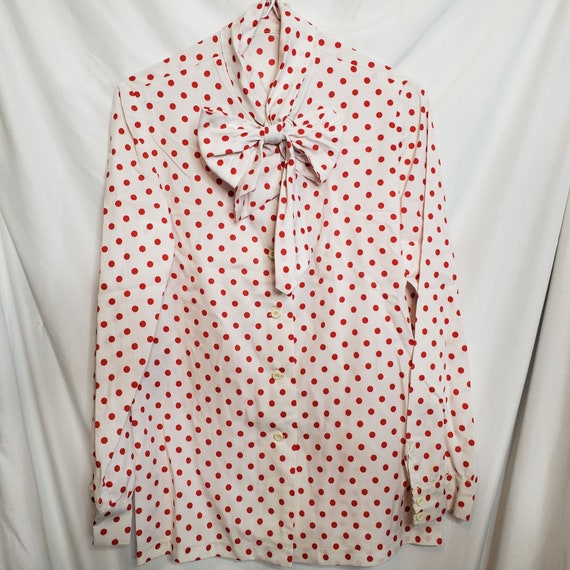 Vintage Retro Secretary Blouse Neck Bow White Red… - image 1