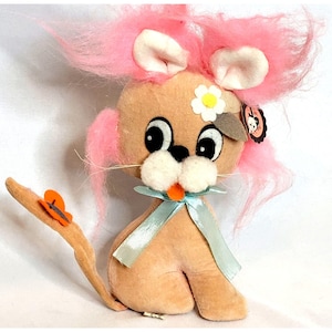 Jerry Elsner Plush Cat Dog  759 Japan Original Tag 8 Inches Pink Hair 1960s Vintage