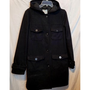 Vintage Old Navy Wool Blend Pea Coat Hood Black Long Button Up Medium Pockets