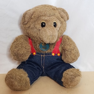 Vintage 1988 Dakin Teddy Bear Wearing Overalls Original Tag Missing Nose