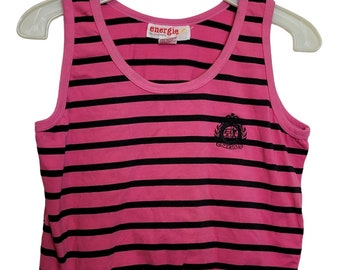 Vintage Crop Tank Top Pink Black Stripes Retro 80s Junior Size Large Poly Cotton
