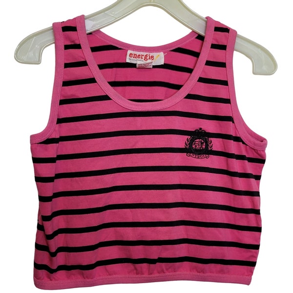 Vintage Crop Tank Top Pink Black Stripes Retro 80s Junior Size Large Poly Cotton