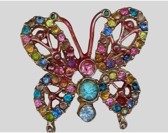 Vintage Butterfly Pin Metal Multicolor Stones No Markings 1.25 Inches Clasp Bent