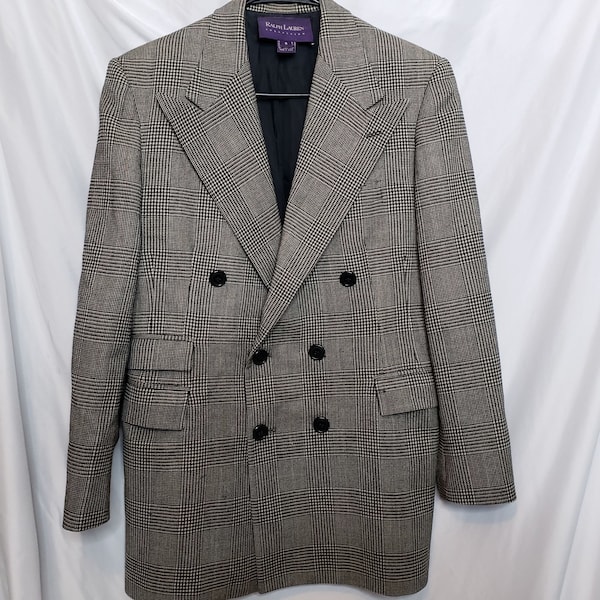 Vintage Ralph Lauren Collection Wool Blazer Double Breasted Hounds Tooth Size 8