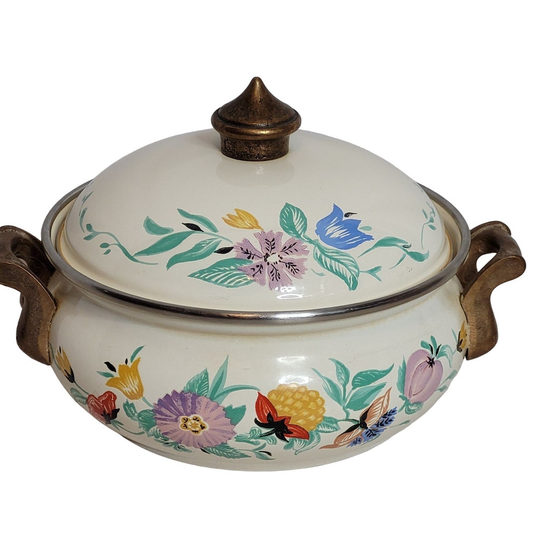 Asta 2 Qt Dutch Oven German Enamelware Floral Brass Handles With Lid