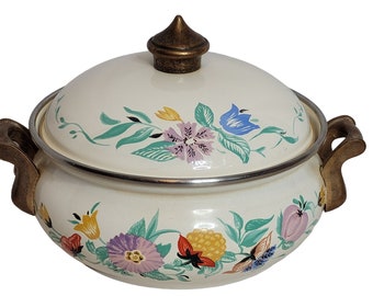 Asta 2 Qt Dutch Oven German Enamelware Floral Brass Handles With Lid Scratches