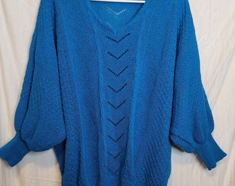 Suéter vintage de punto con cuello en V y mangas tipo murciélago, talla grande, acrílico, azul brillante, Kathy White, talla 46
