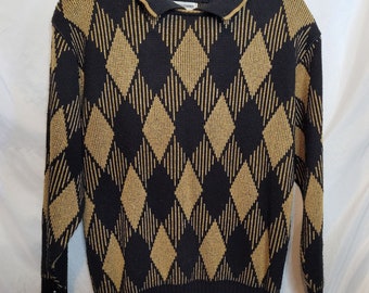 Vintage Pullover Sweater Metallic Gold Black Diamond Pattern Alfred Dunner Medium