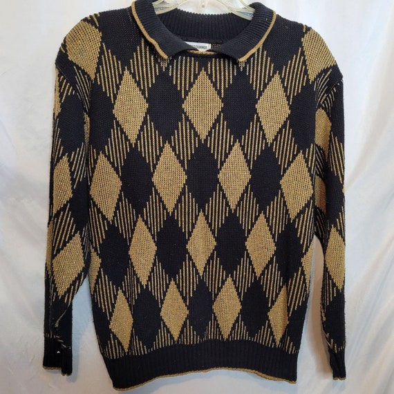 Vintage Pullover Sweater Metallic Gold Black Diam… - image 1