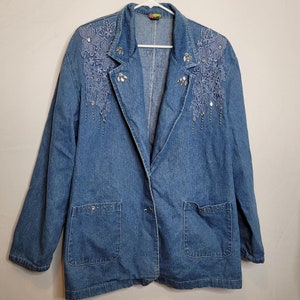 Vintage Denim Blazer Lace Applique Stone Embellishment Women XL Button Front
