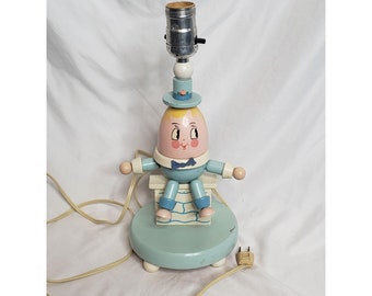 Vintage Humpty Dumpty Wood Nursery Lamp Works No Shade Some Scuffs Pastel 13 Inches
